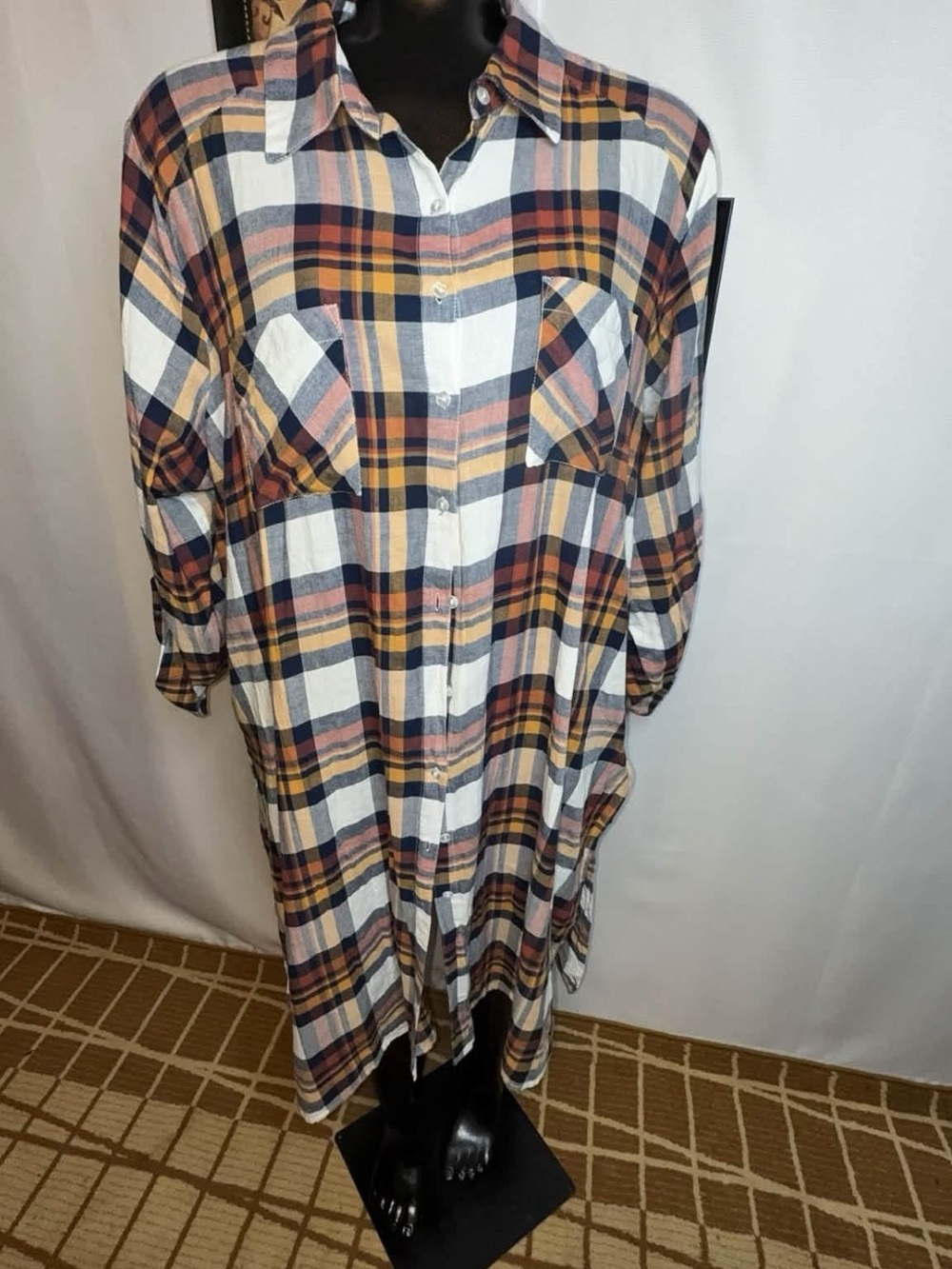 Ashley Stewart Plaid Long-Sleeve Shirt Dress in White, Navy & Mustard